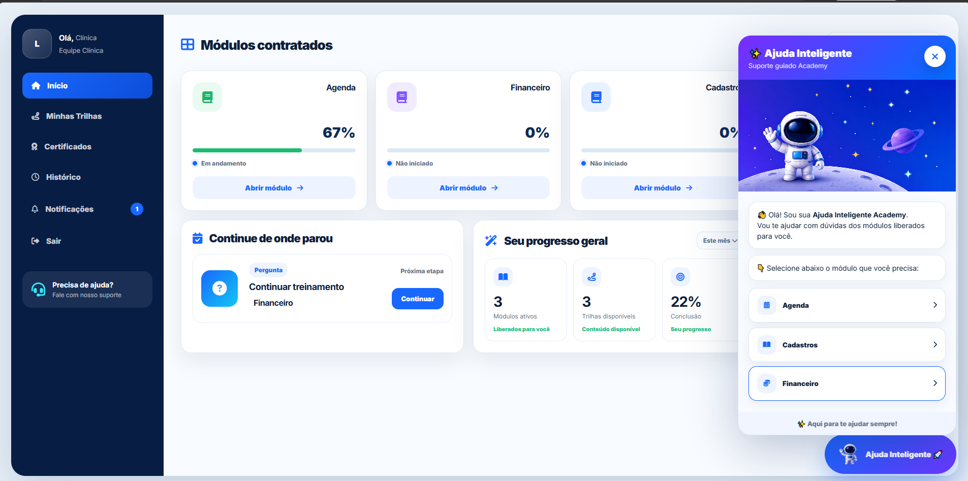 Dashboard do aluno com ajuda inteligente